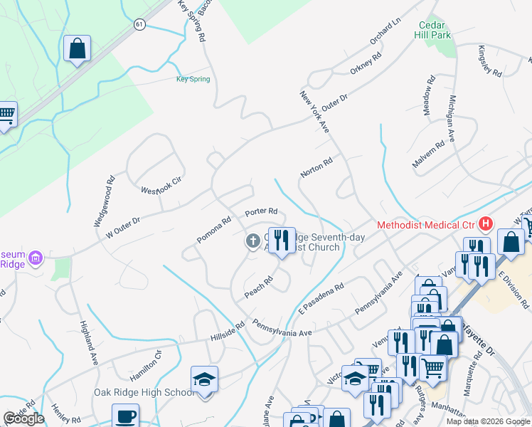 map of restaurants, bars, coffee shops, grocery stores, and more near 126 Utah Avenue in Oak Ridge