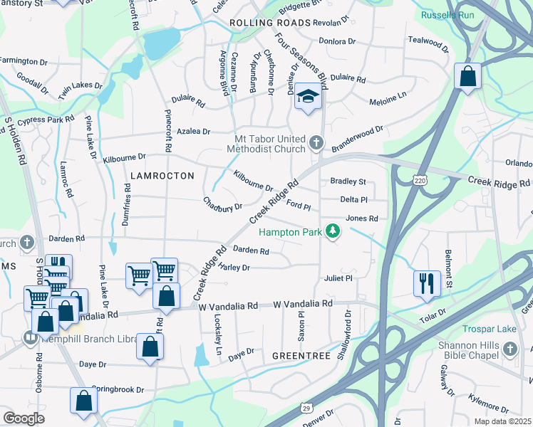 map of restaurants, bars, coffee shops, grocery stores, and more near 3141 Creek Ridge Road in Greensboro