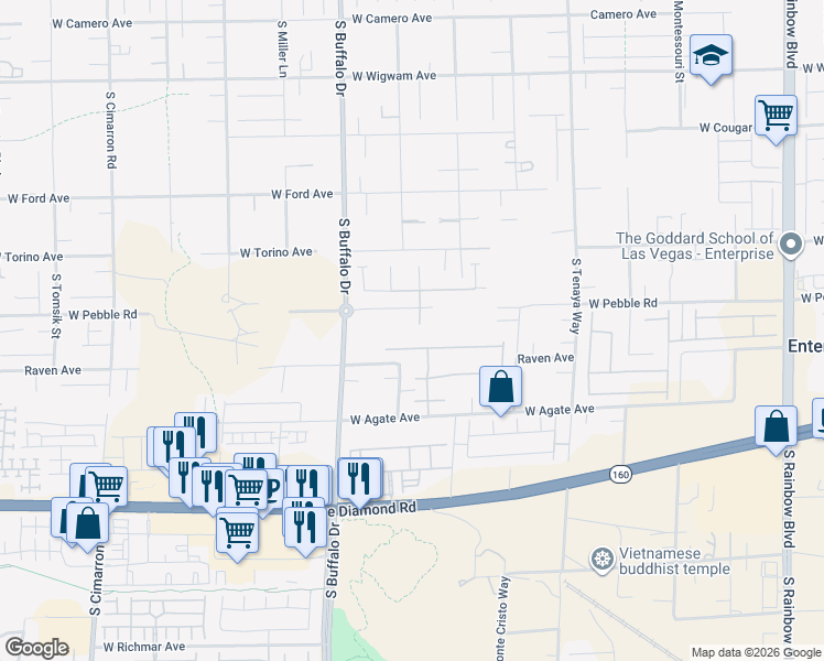 map of restaurants, bars, coffee shops, grocery stores, and more near 7687 West Pebble Road in Las Vegas