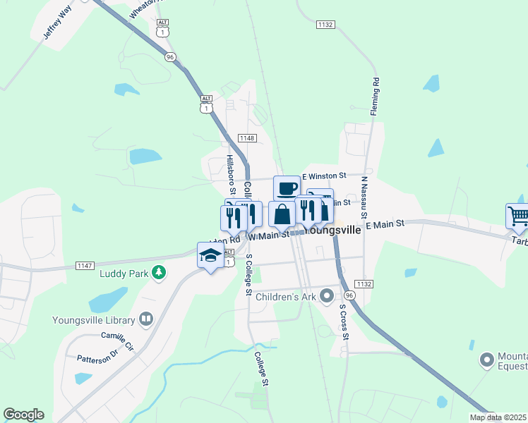 map of restaurants, bars, coffee shops, grocery stores, and more near 111 West Franklin Street in Youngsville