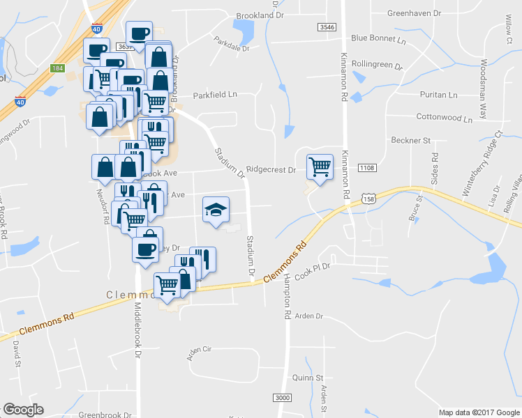 map of restaurants, bars, coffee shops, grocery stores, and more near 6172 Stadium Ridge Court in Clemmons