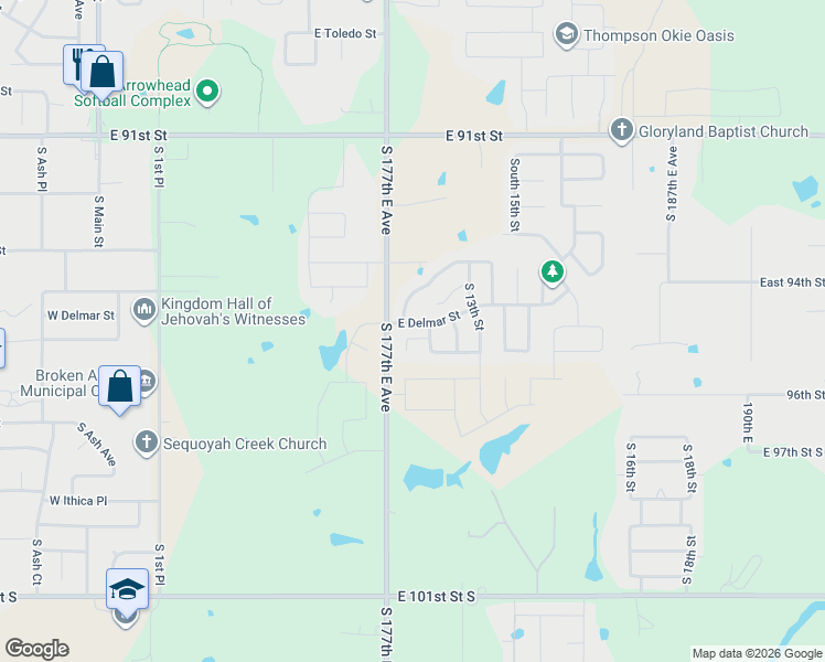 map of restaurants, bars, coffee shops, grocery stores, and more near 1104 East Edgewater Place South in Broken Arrow