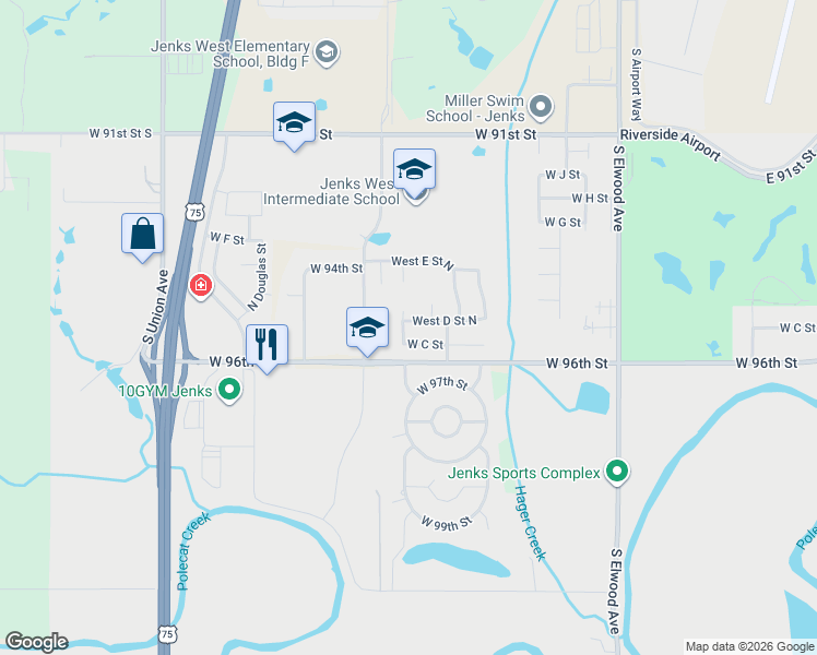 map of restaurants, bars, coffee shops, grocery stores, and more near 2415 West C Street in Jenks