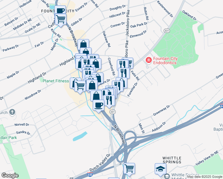 map of restaurants, bars, coffee shops, grocery stores, and more near 278 Adair Drive in Knoxville