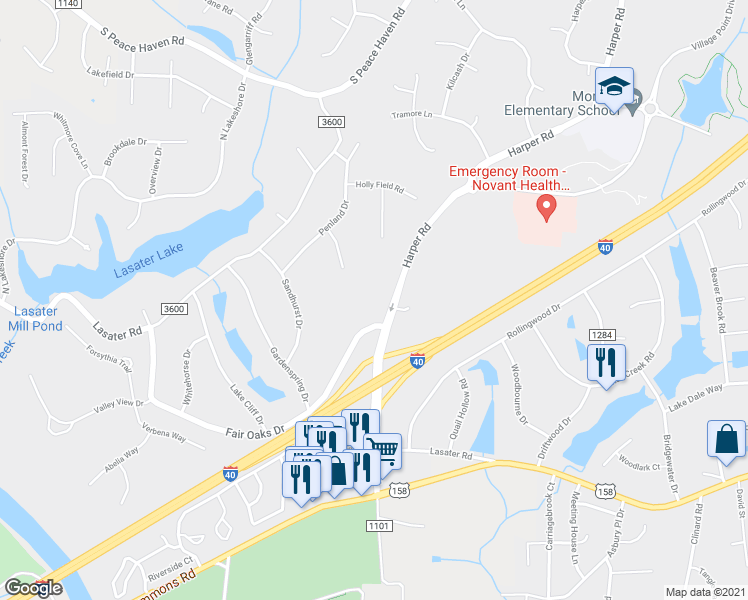 map of restaurants, bars, coffee shops, grocery stores, and more near 3750 Harper Road in Clemmons