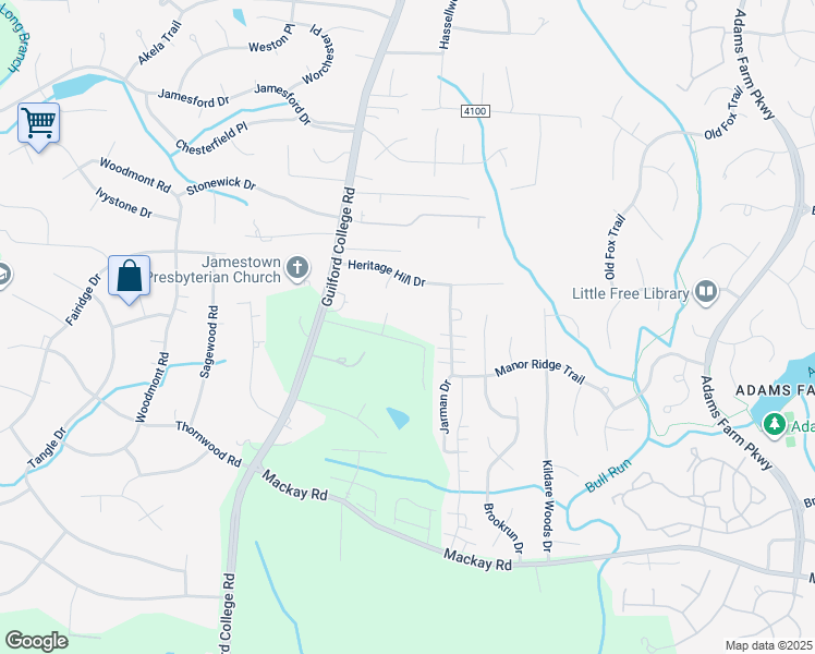 map of restaurants, bars, coffee shops, grocery stores, and more near 203 Chadwick Drive in Jamestown