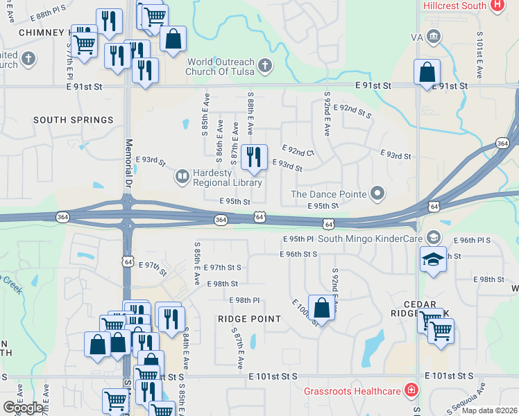 map of restaurants, bars, coffee shops, grocery stores, and more near 8806 East 95th Street in Tulsa