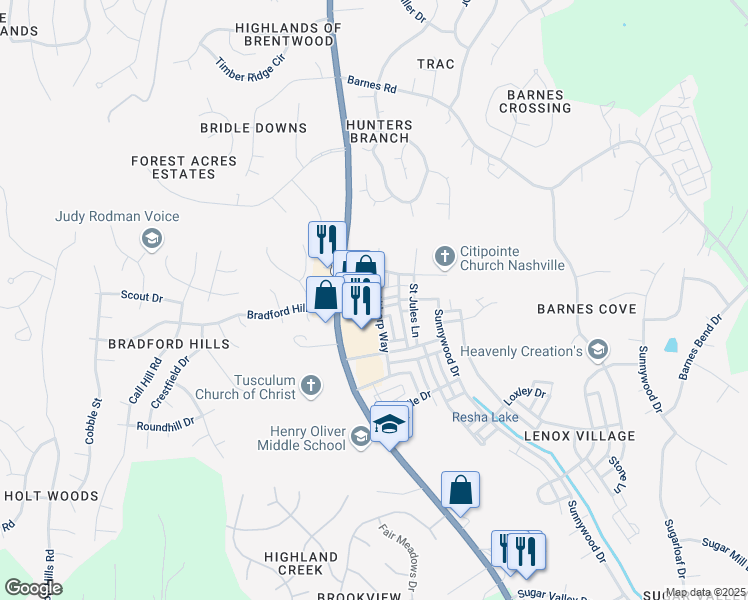 map of restaurants, bars, coffee shops, grocery stores, and more near 7009 Lenox Village Drive in Nashville
