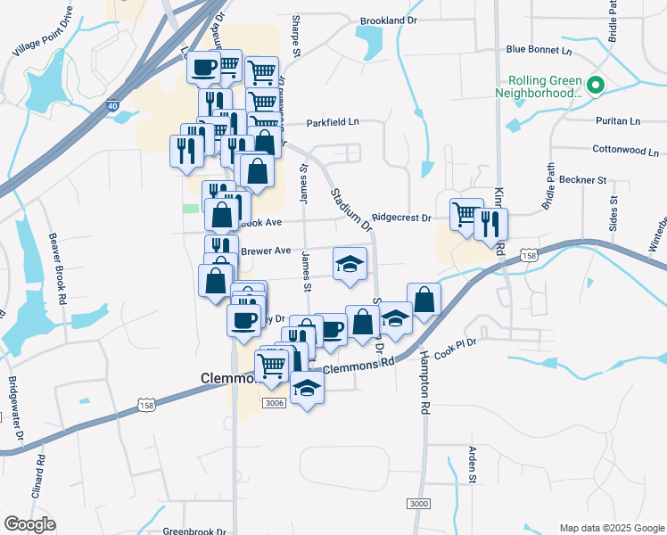 map of restaurants, bars, coffee shops, grocery stores, and more near 6221 Bingham Avenue in Clemmons