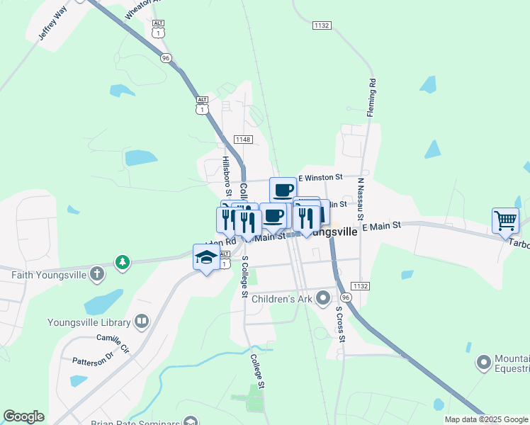 map of restaurants, bars, coffee shops, grocery stores, and more near 109 West Franklin Street in Youngsville