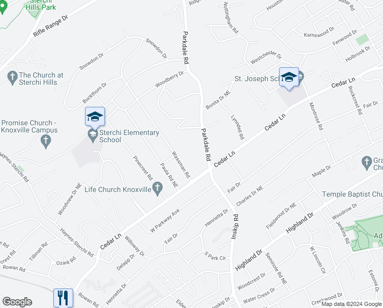 map of restaurants, bars, coffee shops, grocery stores, and more near 1209 Cedar Lane in Knoxville