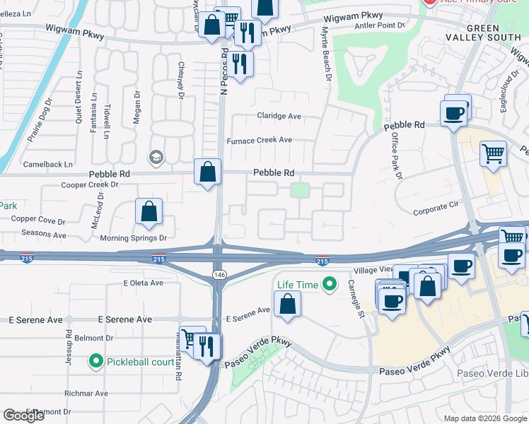 map of restaurants, bars, coffee shops, grocery stores, and more near 28 Avenida Arenas in Henderson