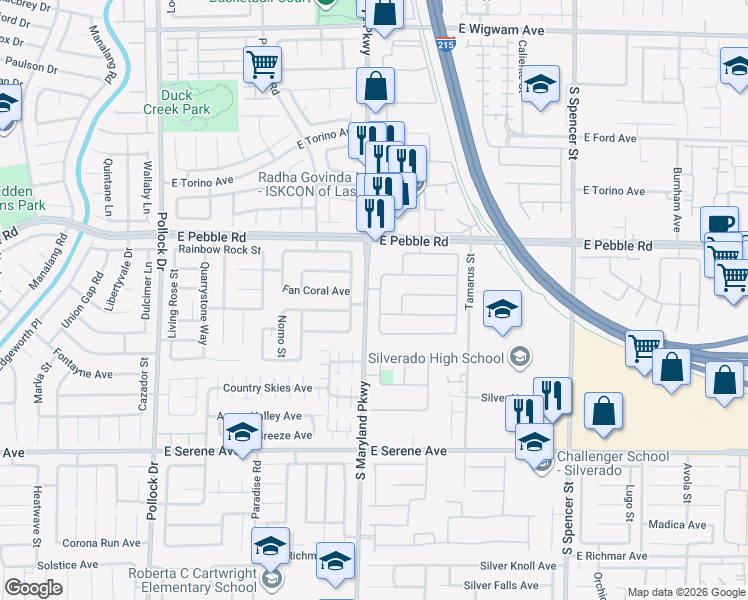 map of restaurants, bars, coffee shops, grocery stores, and more near 1220 Yeager Avenue in Las Vegas
