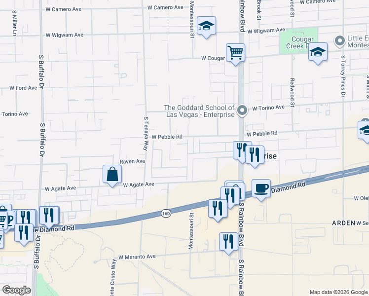 map of restaurants, bars, coffee shops, grocery stores, and more near 7210 Raven Avenue in Las Vegas
