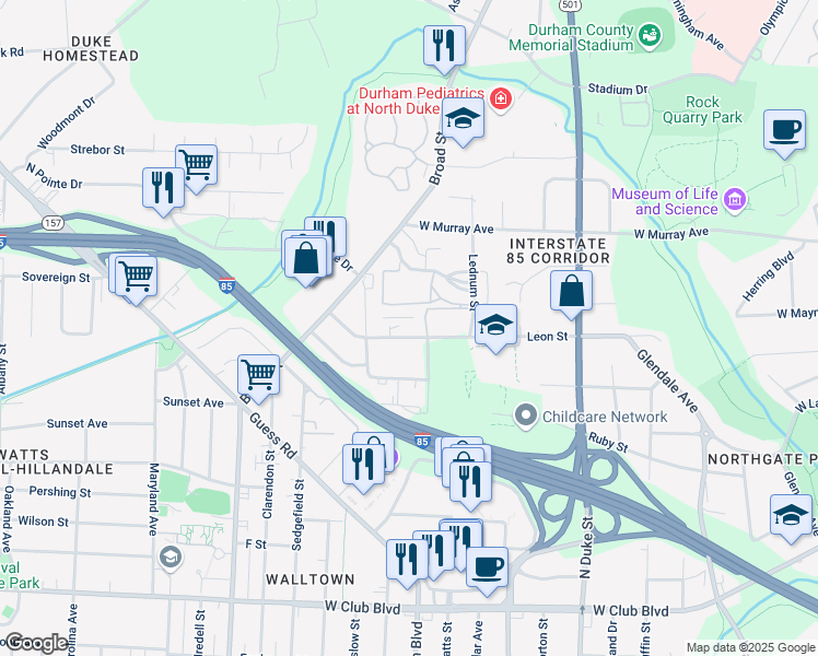map of restaurants, bars, coffee shops, grocery stores, and more near 1301 Leon Street in Durham