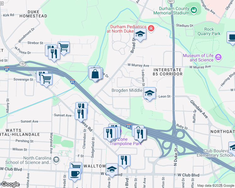 map of restaurants, bars, coffee shops, grocery stores, and more near in Durham