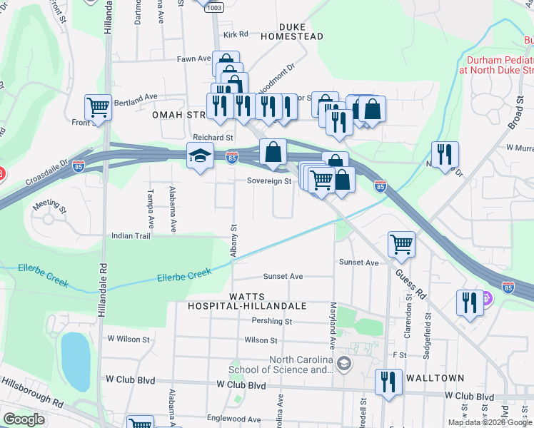 map of restaurants, bars, coffee shops, grocery stores, and more near 2009 Walnut Street in Durham