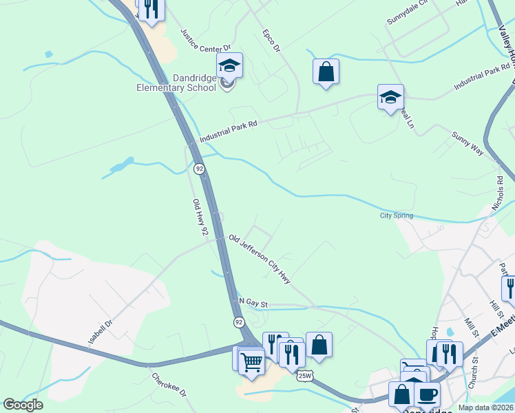 map of restaurants, bars, coffee shops, grocery stores, and more near 816 Twin Oaks Way in Dandridge