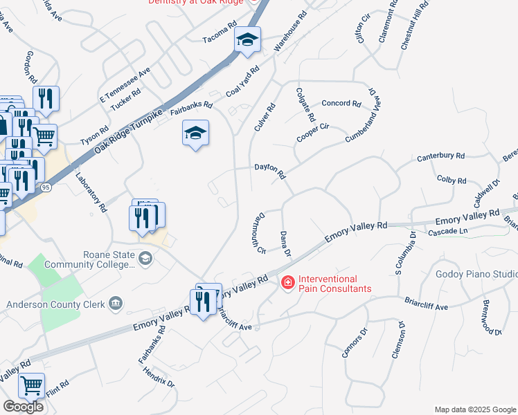 map of restaurants, bars, coffee shops, grocery stores, and more near 103 Dartmouth Circle in Oak Ridge