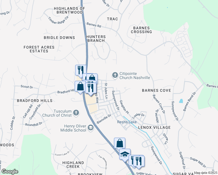 map of restaurants, bars, coffee shops, grocery stores, and more near 628 Saint Jules Lane in Nashville