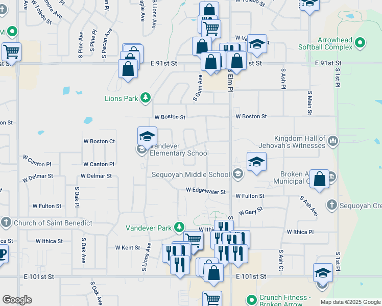 map of restaurants, bars, coffee shops, grocery stores, and more near 2314 South Hickory Place in Broken Arrow