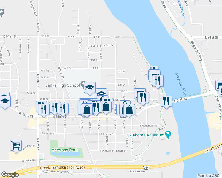 map of restaurants, bars, coffee shops, grocery stores, and more near 414 East C Street in Jenks