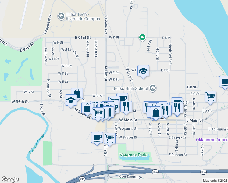 map of restaurants, bars, coffee shops, grocery stores, and more near 506 West C Street in Jenks