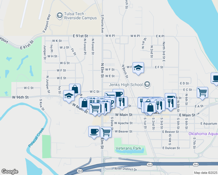 map of restaurants, bars, coffee shops, grocery stores, and more near 506 West C Street in Jenks