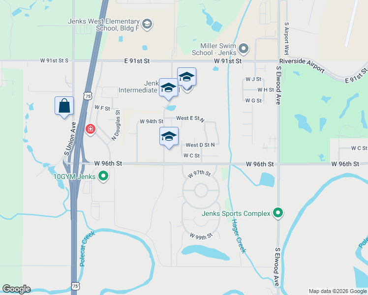 map of restaurants, bars, coffee shops, grocery stores, and more near 2415 West C Street in Jenks