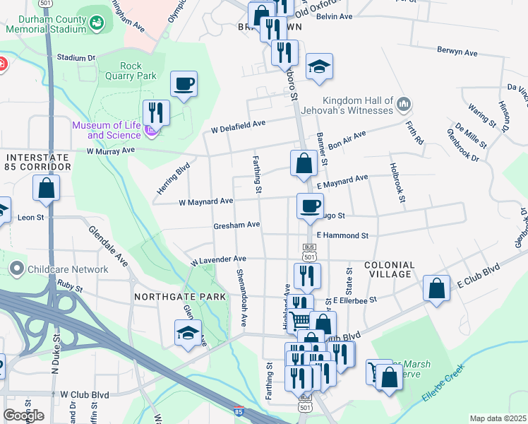 map of restaurants, bars, coffee shops, grocery stores, and more near 2706 Farthing Street in Durham
