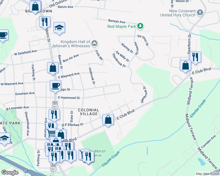 map of restaurants, bars, coffee shops, grocery stores, and more near 706 Hugo Street in Durham