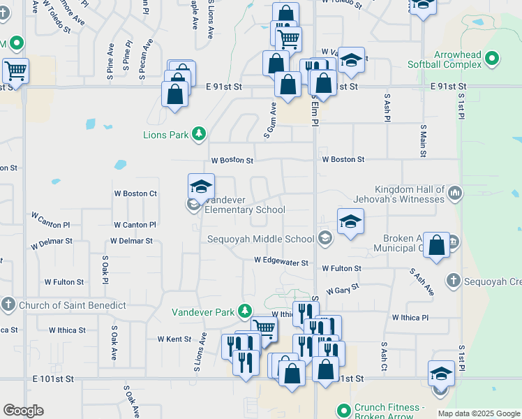 map of restaurants, bars, coffee shops, grocery stores, and more near 2314 South Hickory Place in Broken Arrow