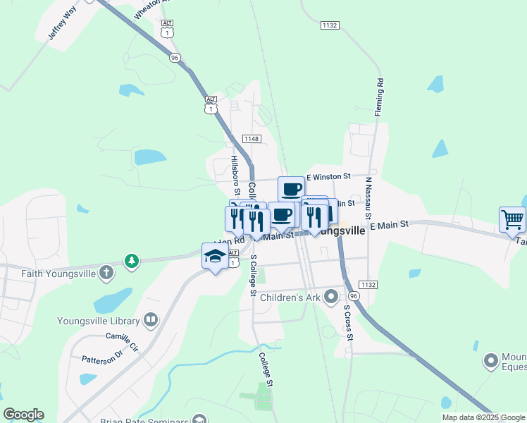 map of restaurants, bars, coffee shops, grocery stores, and more near 115 West Franklin Street in Franklinton