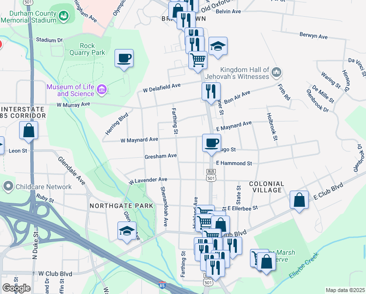 map of restaurants, bars, coffee shops, grocery stores, and more near 2706 Farthing Street in Durham