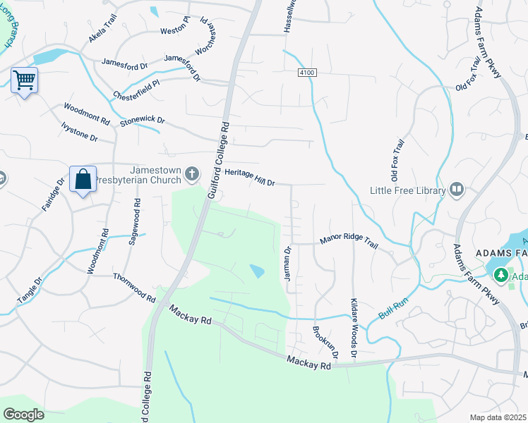 map of restaurants, bars, coffee shops, grocery stores, and more near 203 Chadwick Drive in Jamestown