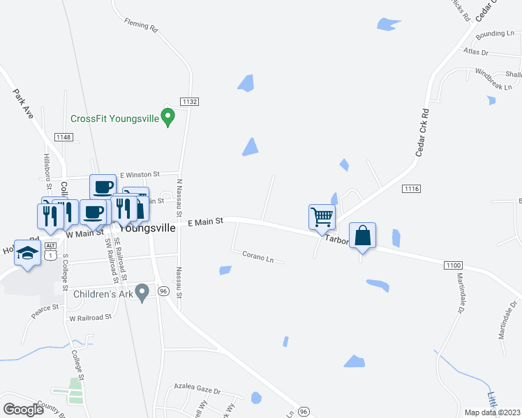 map of restaurants, bars, coffee shops, grocery stores, and more near 365 East Main Street in Youngsville