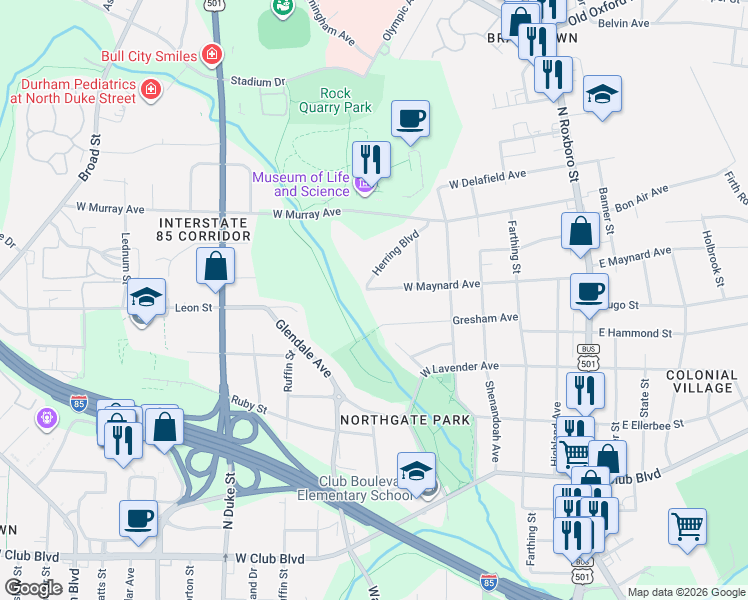 map of restaurants, bars, coffee shops, grocery stores, and more near 416 Gresham Avenue in Durham