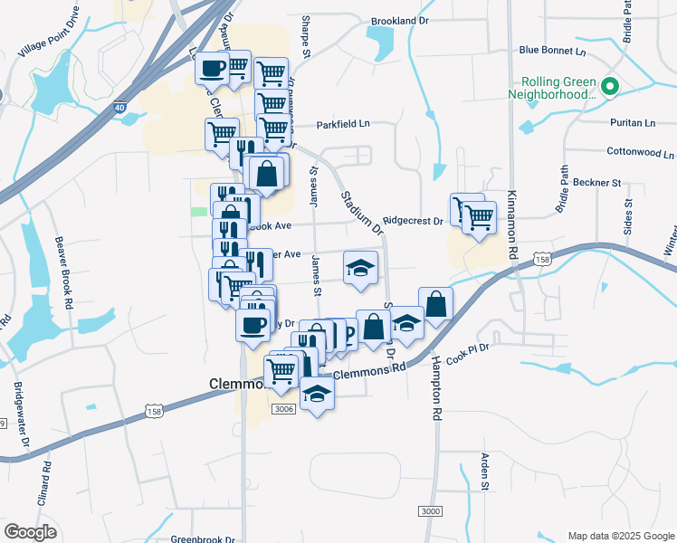 map of restaurants, bars, coffee shops, grocery stores, and more near 6221 Bingham Avenue in Clemmons