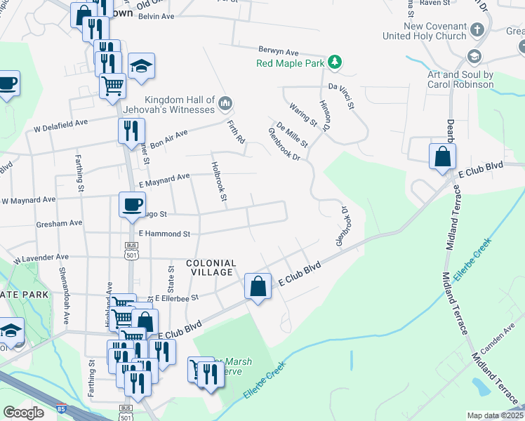 map of restaurants, bars, coffee shops, grocery stores, and more near 706 Hugo Street in Durham
