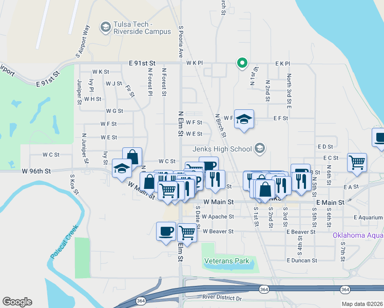 map of restaurants, bars, coffee shops, grocery stores, and more near 506 West C Street in Jenks