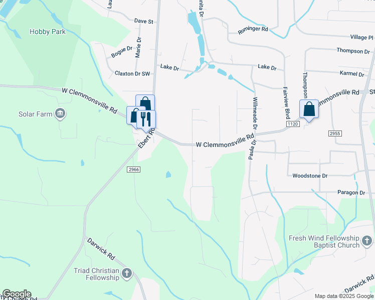 map of restaurants, bars, coffee shops, grocery stores, and more near 2050 West Clemmonsville Road in Winston-Salem