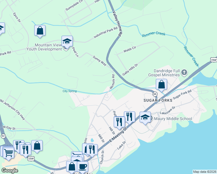 map of restaurants, bars, coffee shops, grocery stores, and more near 1128 McSpadden Road in Dandridge