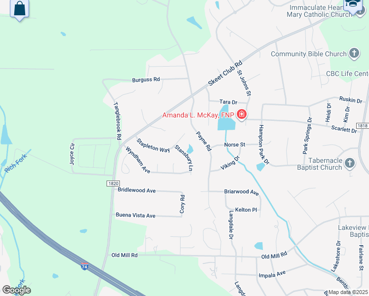 map of restaurants, bars, coffee shops, grocery stores, and more near 4120 Stansbury Lane in High Point
