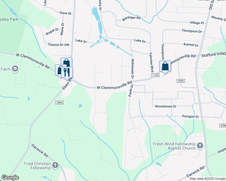 map of restaurants, bars, coffee shops, grocery stores, and more near 1950 West Clemmonsville Road in Winston-Salem