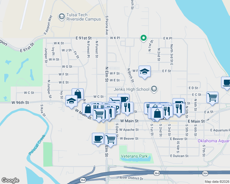 map of restaurants, bars, coffee shops, grocery stores, and more near 506 West C Street in Jenks
