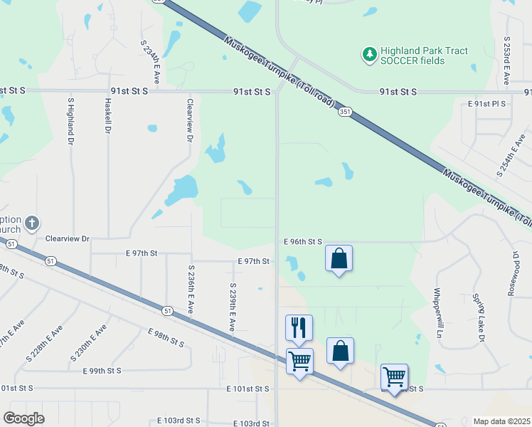 map of restaurants, bars, coffee shops, grocery stores, and more near 9502 South 241st East Avenue in Broken Arrow