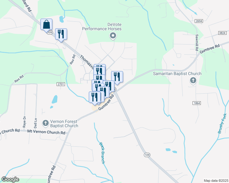 map of restaurants, bars, coffee shops, grocery stores, and more near 10478 North Carolina 109 in Winston-Salem