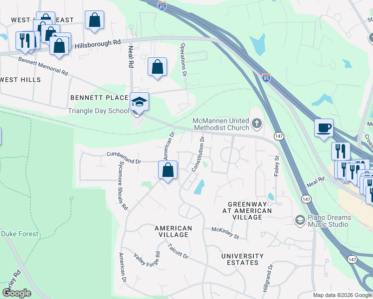 map of restaurants, bars, coffee shops, grocery stores, and more near 217 Mount Evans Drive in Durham