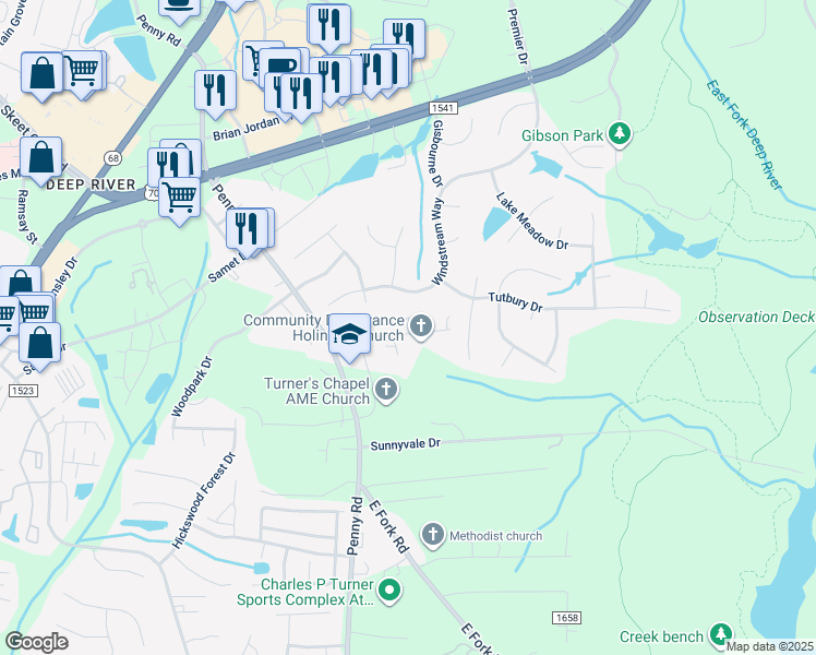 map of restaurants, bars, coffee shops, grocery stores, and more near 3501 Copperfield Drive in Jamestown