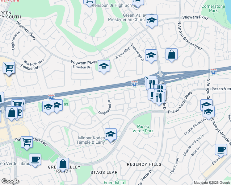 map of restaurants, bars, coffee shops, grocery stores, and more near 23 Mesquite Village Circle in Henderson